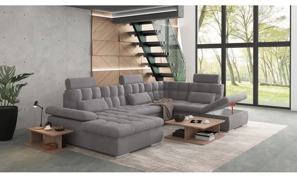 Szürke kinyitható tárolóhelyes sarokkanapé (jobb oldali-U alakú) Merkur – Ropez