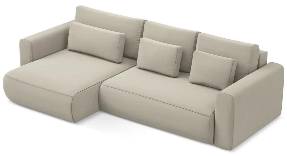 Bézs bársony kinyitható-tárolóhelyes sarokkanapé (bal oldali-heverő résszel) Kapua – Makamii