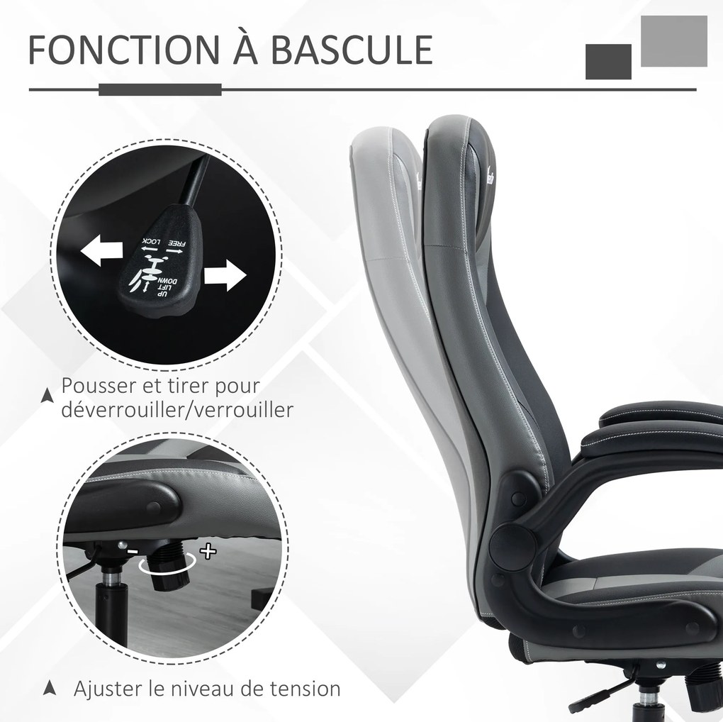 Vinsetto Ergonomikus Játékos Szék Forgatható Fém Kerek Alappal 360° Kb. Magasságban Állítható Fejtámasz, Összecsukható Karfa PVC Szürke Fekete | Aosom
