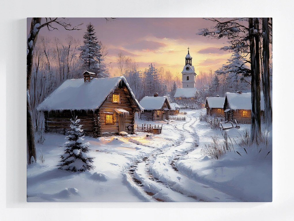 Vászonkép Canvas Tájkép Falu Templom Házak Tél Hó 100x75