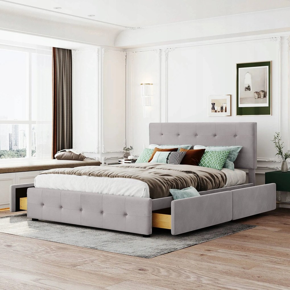 Kárpitozott ágy 140 x 200 cm, franciaágy fiókokkal, szürke