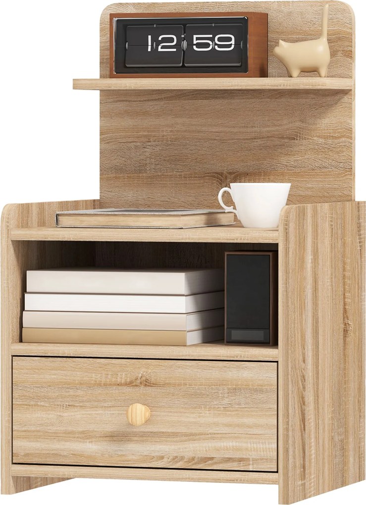 HOMCOM Éjjeli szekrény fiókkal, oldalsó asztal, ágy melletti szekrény nyitott polccal, tárolóval, 40 x 35 x 66 cm, természetes fa | Aosom