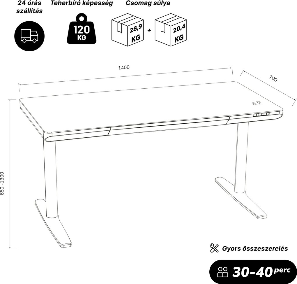Elektromos ülő-álló íróasztal fiókkal és Qi vezeték nélküli töltővel fehér/aranytölgy, 1400 mm: ELLIS