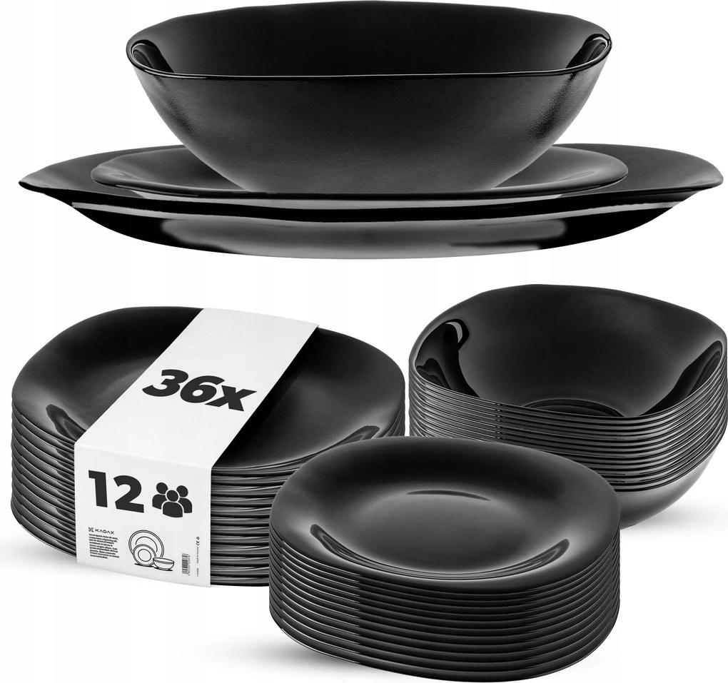 Ebédlő Szett 12 Személyes Tányér Szett 36 Db-os Nagy Étkészlet Fekete