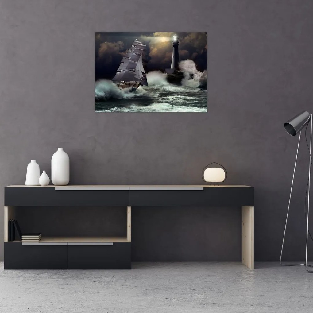 Kép - Viharos hullámokon áthajózó hajó (üvegen) (70x50 cm)