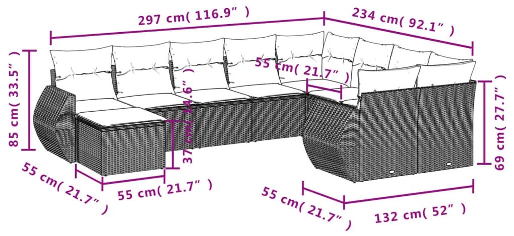 10 részes barna polyrattan kerti ülőgarnitúra párnákkal