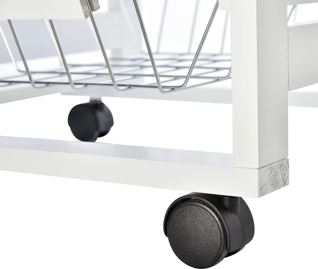 HOMCOM Konyhai Szervizkocsi Kerekekkel, Több Tárolási Lehetőséggel, 3 Fém Kosárral, Fiókkal + 2 Üvegtartóval, Fehér Fenyőfa | Aosom