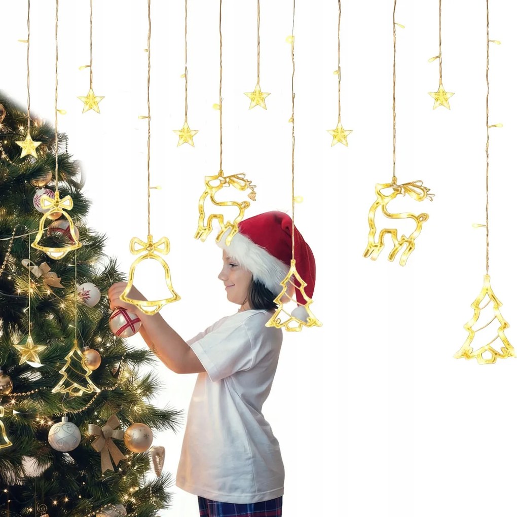 Karácsonyfa Lámpák Függöny Rénszarvasok Karácsonyfa Csengők
