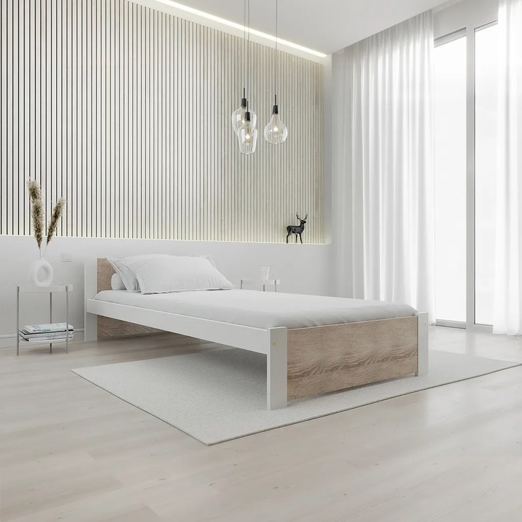 IKAROS ágy 90x200 cm, fehér/sonoma tölgy Ágyrács: Lamellás ágyrács, Matrac: Sommera 18 cm matrac