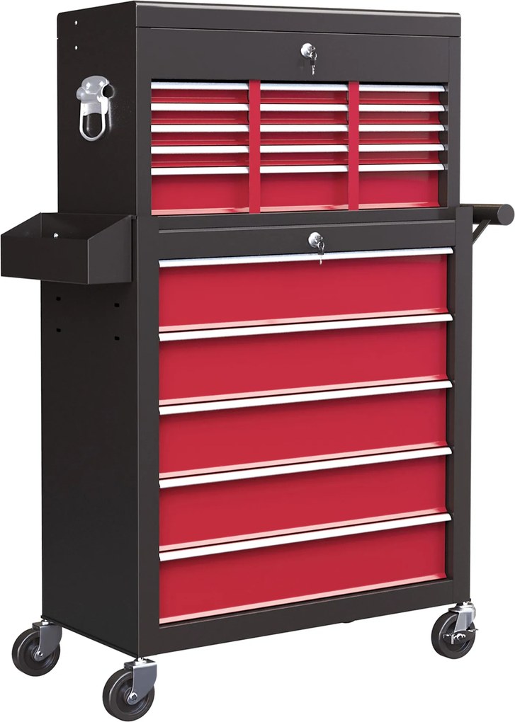 HOMCOM Kerekes Műhelykocsi 14 Fiókkal, Zárható Szerelő Kocsi Oldalsó Perforált Panellel, EVA Tányérok, Mobil Görgős Kocsi, Piros | Aosom