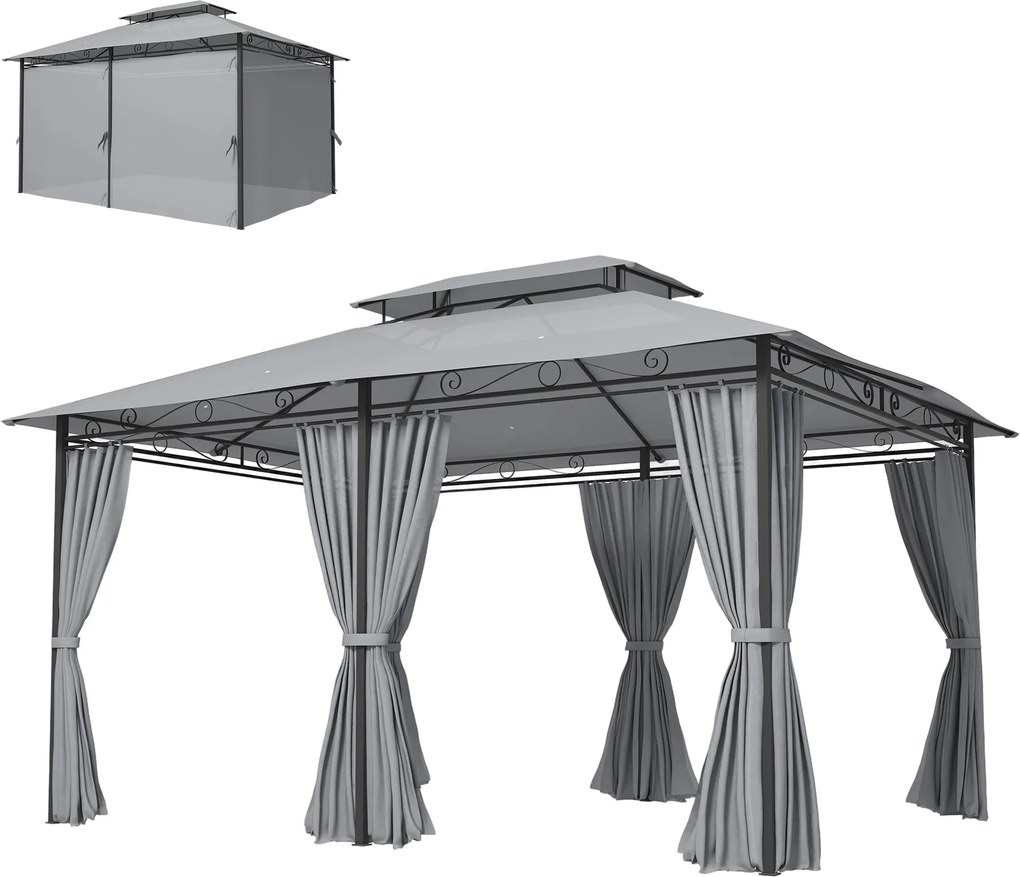 Outsunny kerti pavilon 4 x 3 m — vízlepergető, masszív fémváz, dupla tető és 6 oldalfallal, sötétszürke | Aosom
