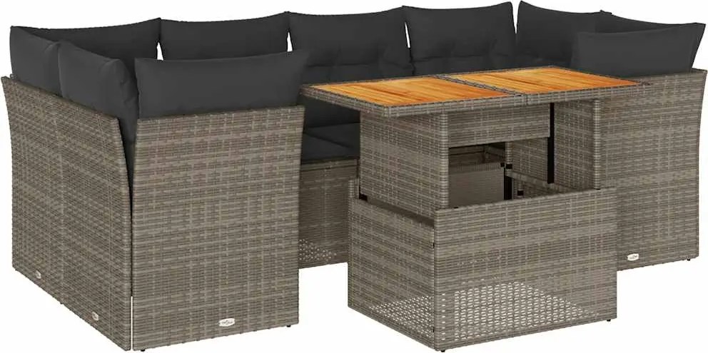 vidaXL 7 részes szürke polyrattan kerti ülőgarnitúra párnákkal