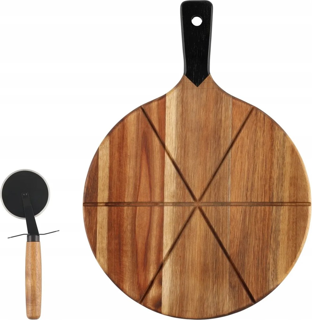 Fa Pizzadeszka Kerek Pizzatartóval, Vágókéssel