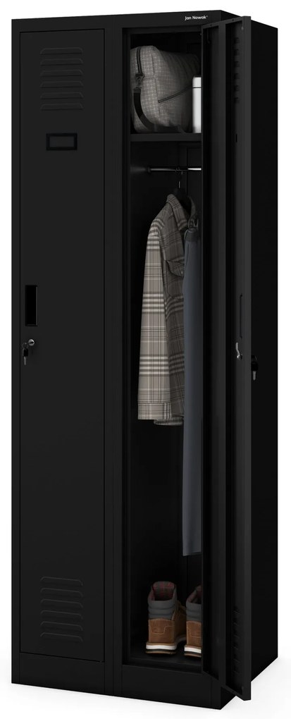 Pléh öltözőszekrény talpazaton, négymodulos, polcokkal KACPER II, 600 x 1800 x 500 mm, fekete