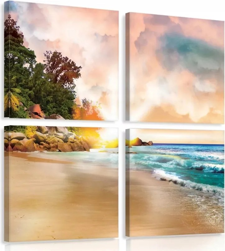 Vászonkép 50x50 Trópusi tengerpart napkelte/napnyugta óceán hullámok pálmafák nyugalom