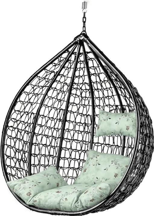 Fekete függőszék KOKON állvány nélkül, világoszöld mintás párnával