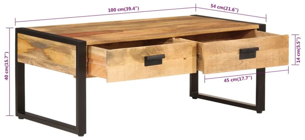 tömör mangófa és vas dohányzóasztal 100 x 54 x 40 cm