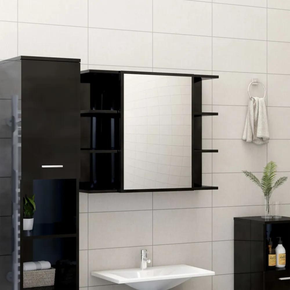 Magasfényű fekete forgácslap fürdőszobai tükör 80x20,5x64 cm