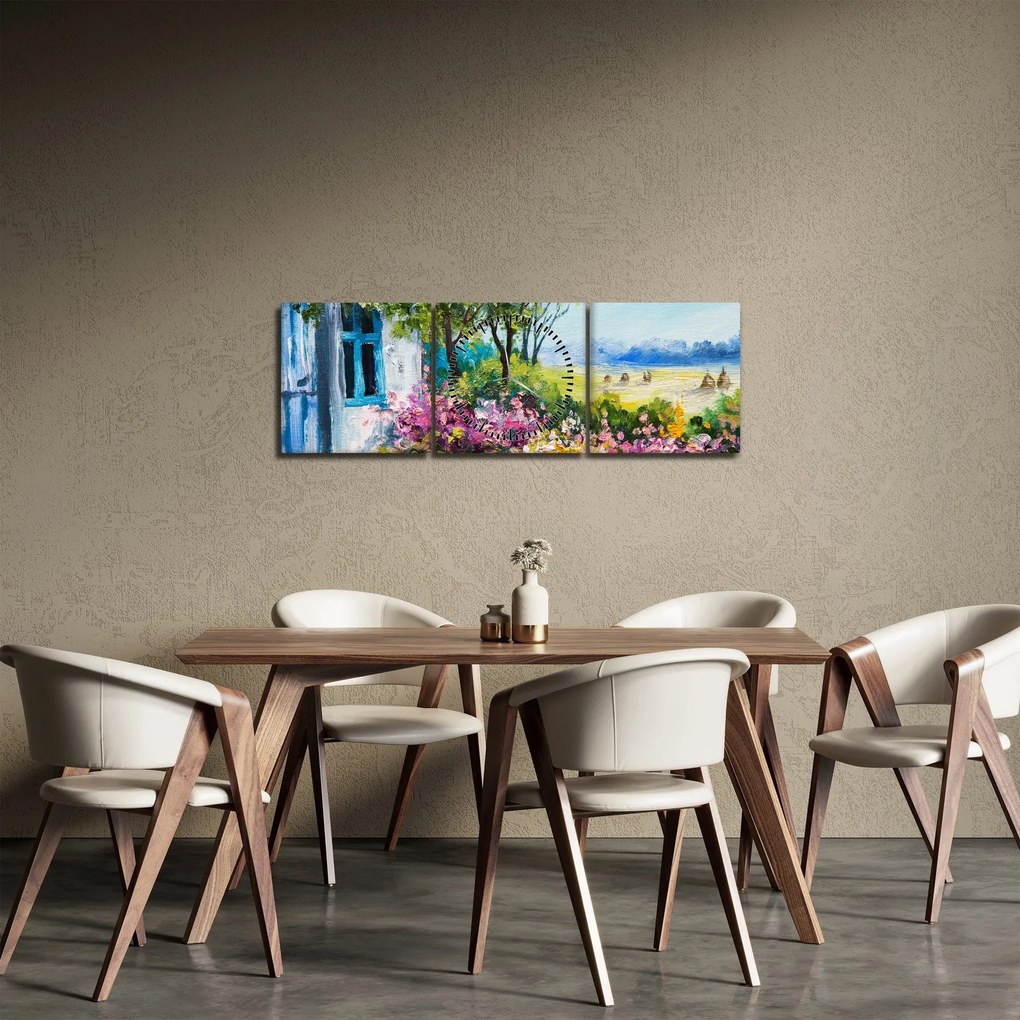 Kép a ház előtti kertről, olajfestmény (órával) (90x30 cm)