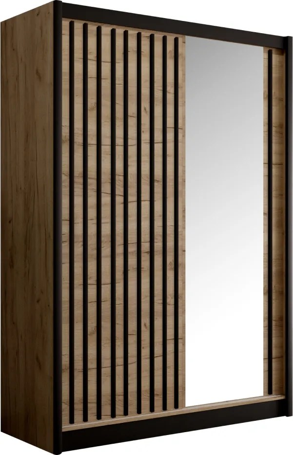 Tolóajtós szekrény, craft tölgy/fekete, 150x215 cm, LADDER