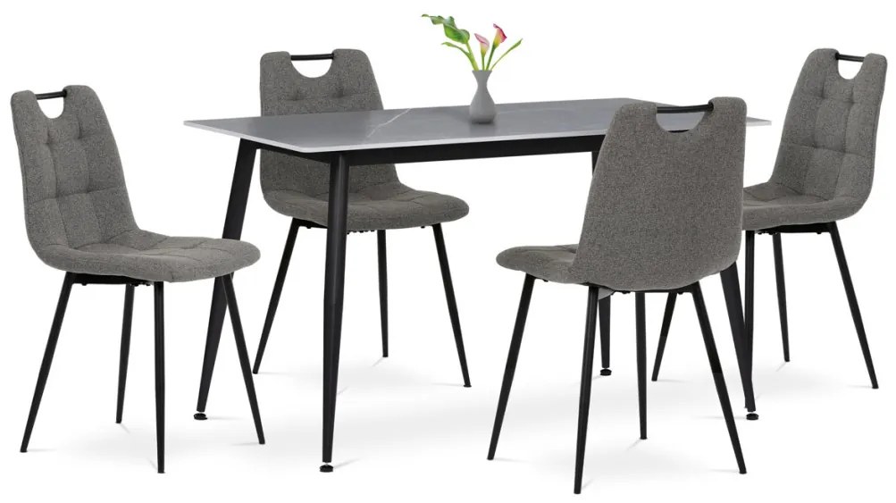 Set de sufragerie 1+4, masa 130x70, blat din piatră sinterizată cu model marmura gri mat, scaune cu tapițerie din stofă gri