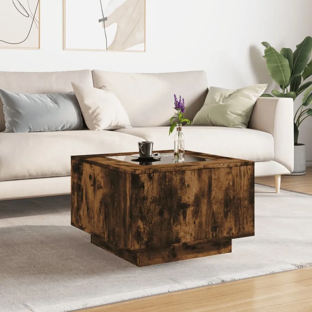 Füstös tölgy szerelt fa dohányzóasztal LED-del 60 x 60 x 40 cm
