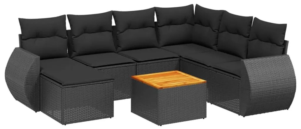 8 részes fekete polyrattan kerti ülőgarnitúra párnákkal