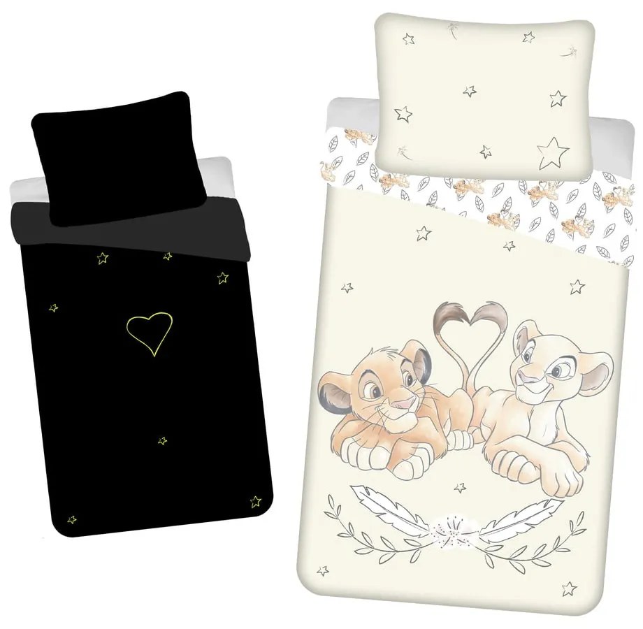 Világossárga egyszemélyes pamut gyerek ágyneműhuzat világító hatással 140x200 cm Lion King "Best friends" – Jerry Fabrics