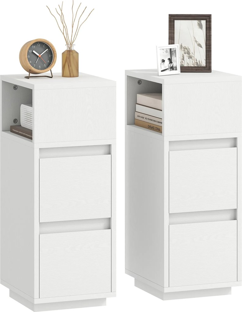 HOMCOM 2 db vékony, magas éjjeliszekrény 2 fiókkal és nyitott polccal — helytakarékos modern éjjeliszekrény háló- és nappaliba, 25 x 30 x 65 cm, fehér