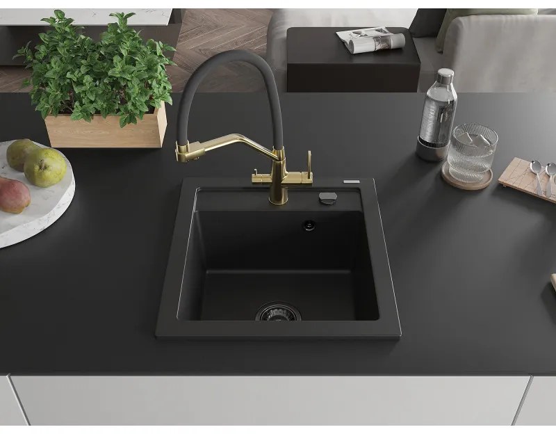 Mexen Vito, 1 kamrás gránit mosogató 520x490x210 mm, Duo mosogató csaptelep, fekete, 6503-77-671701-57-B