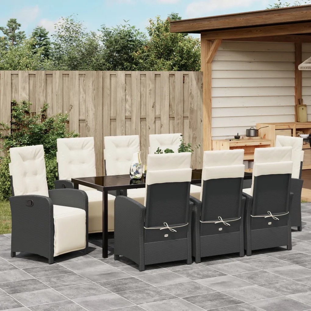 9 Részes Kert Étkező Szett Párnákkal Fekete Poli Rattan, Kerti Asztal Fekete 200x80x73 cm Edzett Üveg