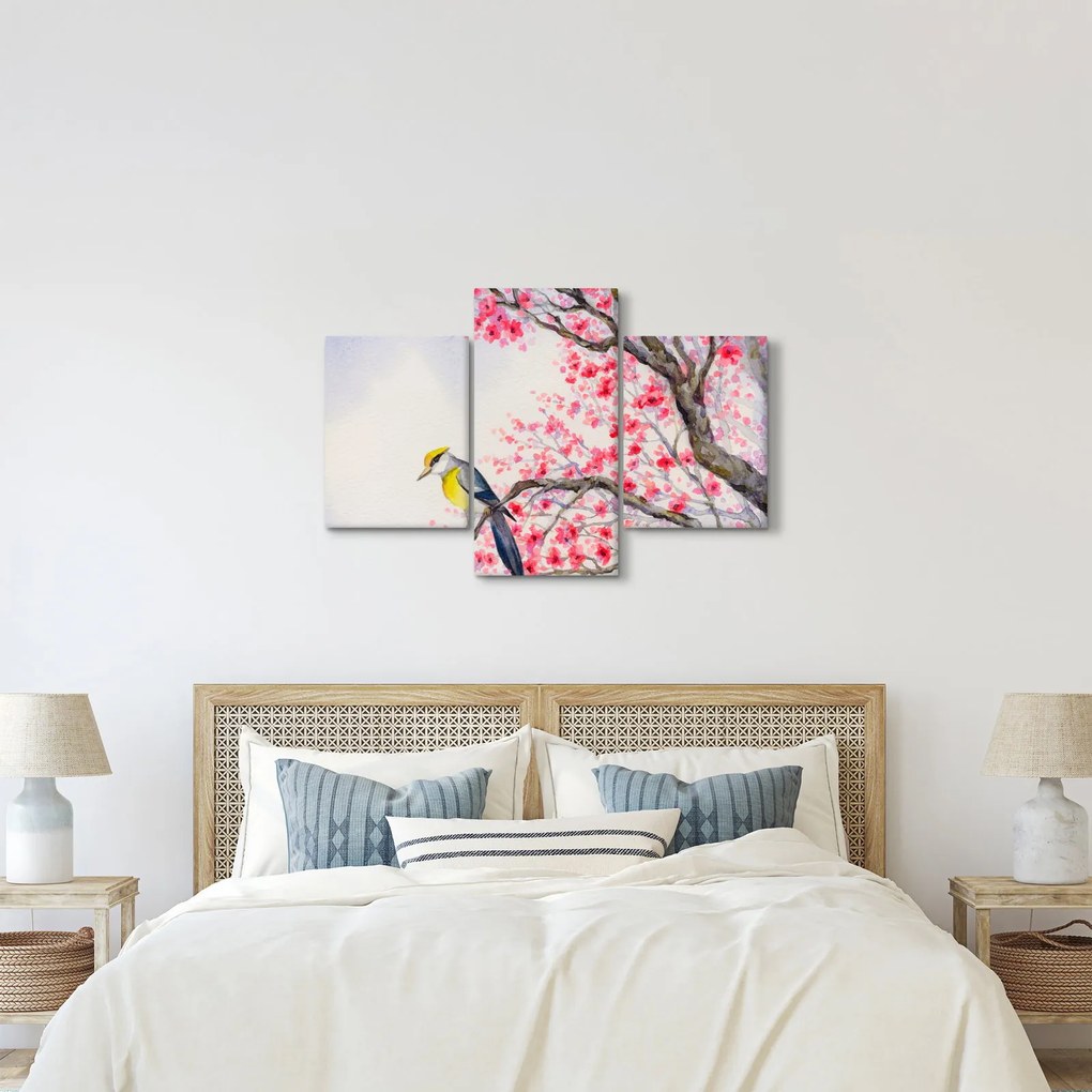 Kép - Madár egy fán, piros virágokkal (90x60 cm)