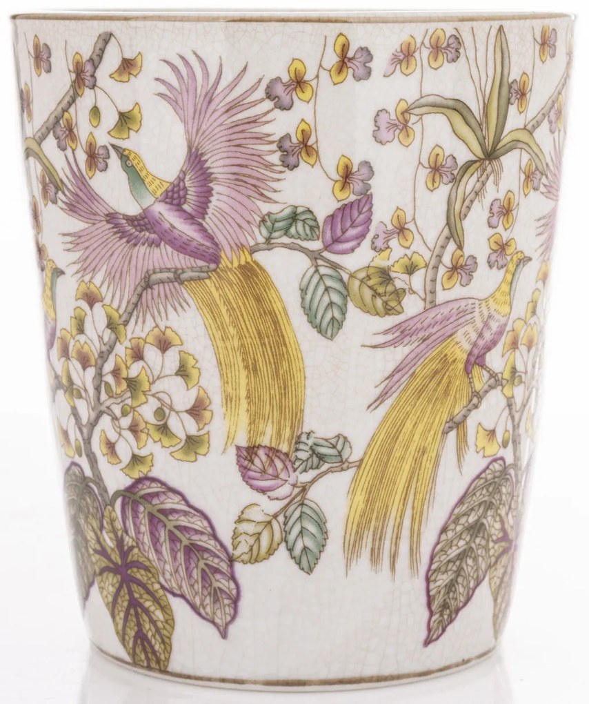 Törtfehér vintage szögletes porcelán virágtartó kaspó pávákkal festve 15x14x14cm
