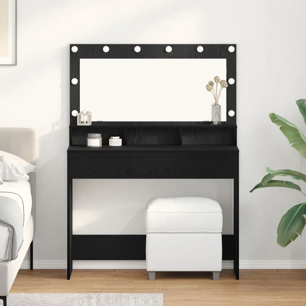 LED-es sminkasztal fekete tölgy színben, 100x41x135 cm