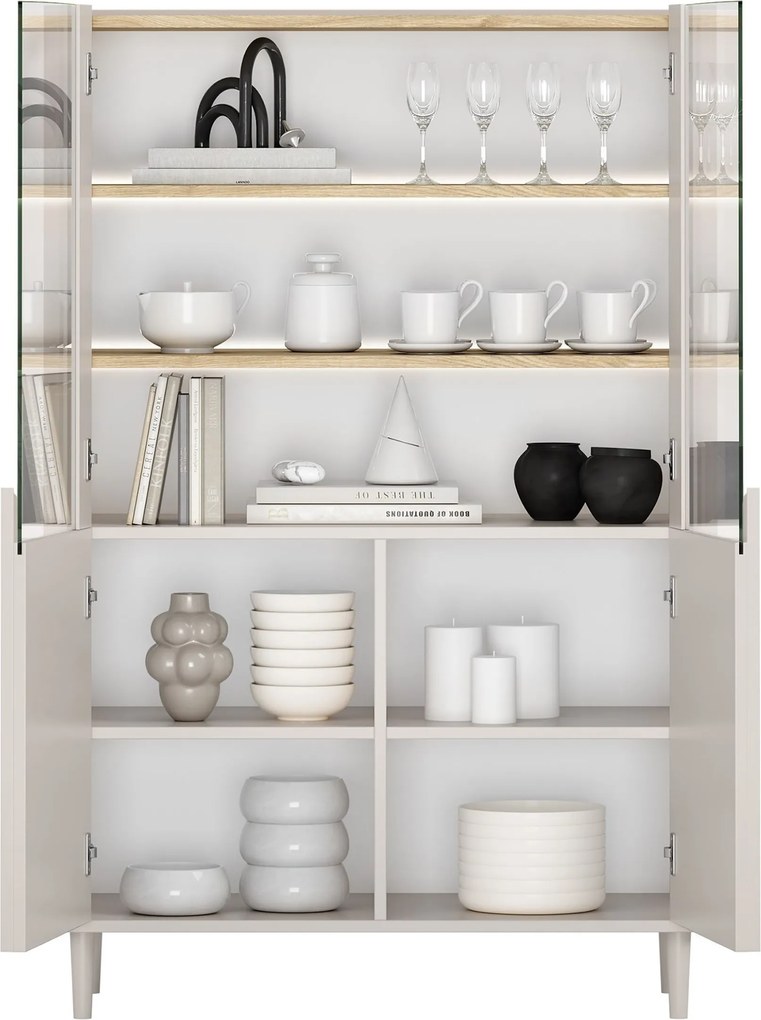 Amilio vitrines szekrény 100 cm kétajtós lábakon - kasmír / olajozott tölgy / kasmír fogantyúk