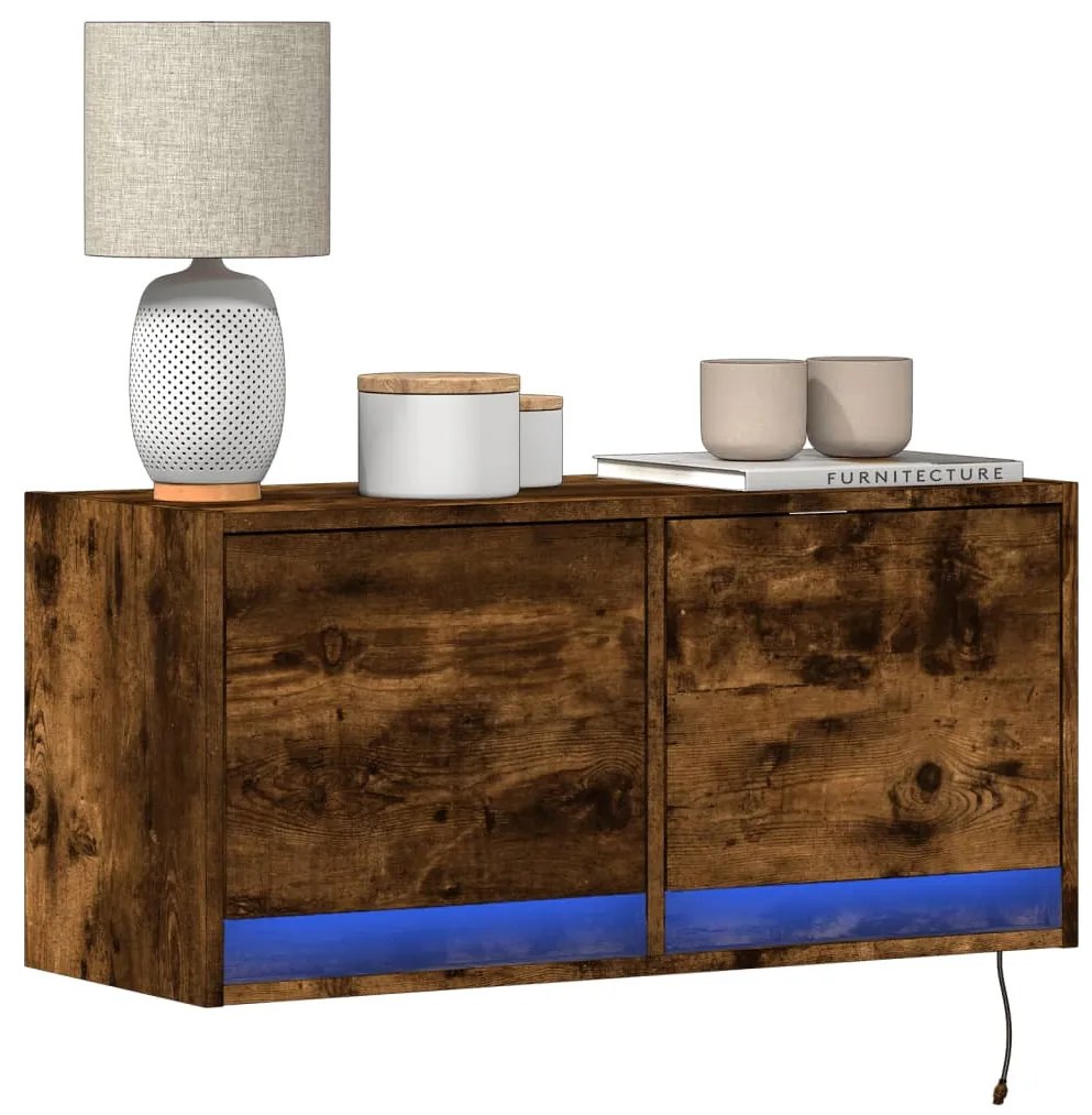 füstös tölgy színű fali TV-szekrény LED-ekkel 80x31x35 cm