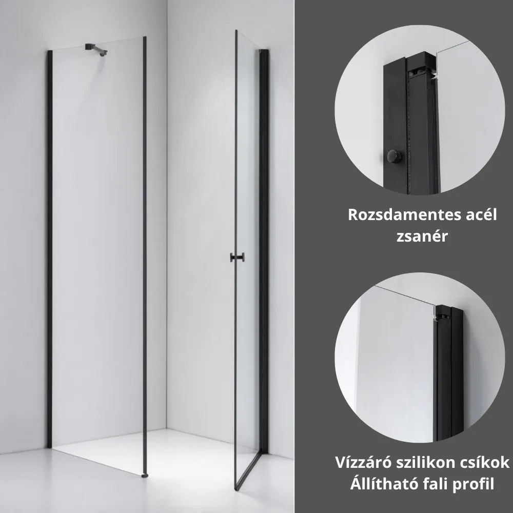 Stuxi Bari Black 80x80 cm szögletes nyílóajtós zuhanykabin, 6 mm vízlepergető üveggel, matt fekete elemekkel