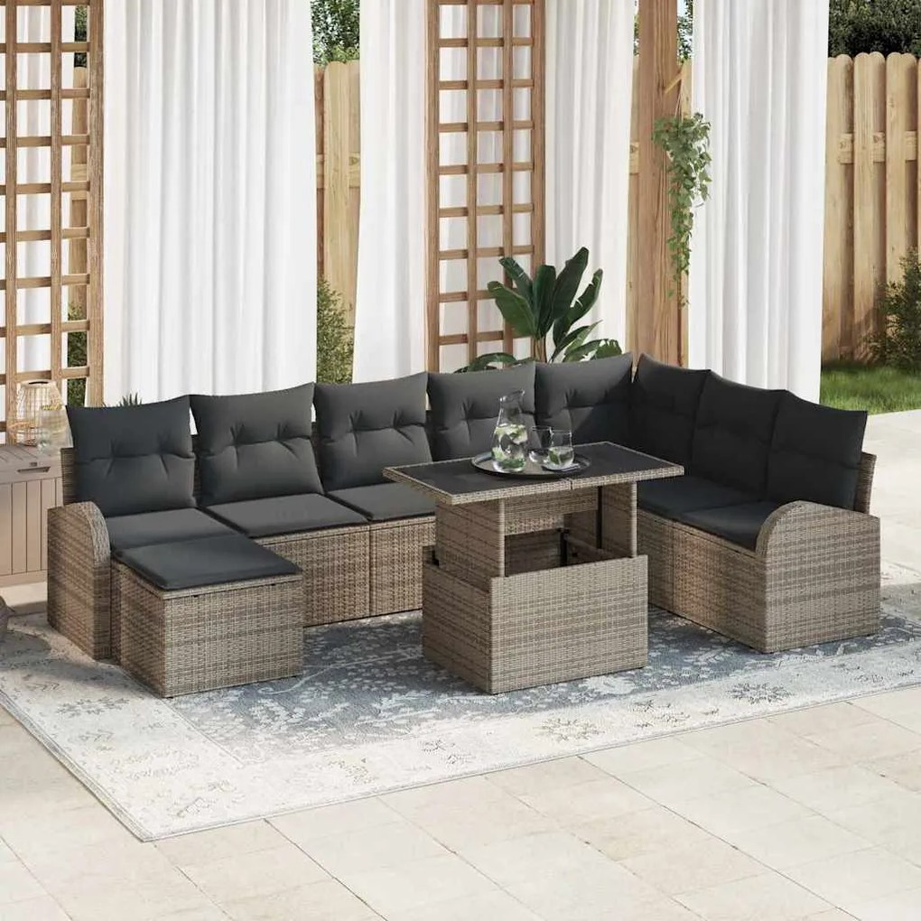 Kerti Kanapé Szett 9 pcs Szürke Mű rattan, porszórt acél