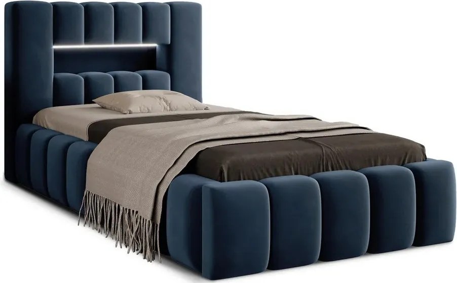 Sötétkék kárpitozott ágyneműtartós egyszemélyes ágy ágyráccsal 90x200 cm Lamica – ELTAP