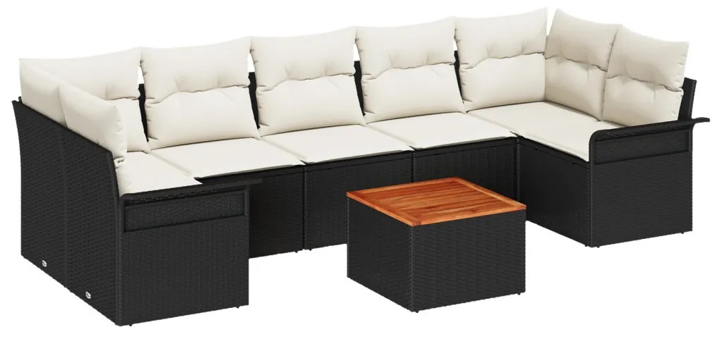 8 darabos Kerti Kanapé Szett Párnákkal Fekete Polyrattan Akácia, 2-fős Kerti Kanapé Tárolóval és Párnákkal Fekete Polyrattan