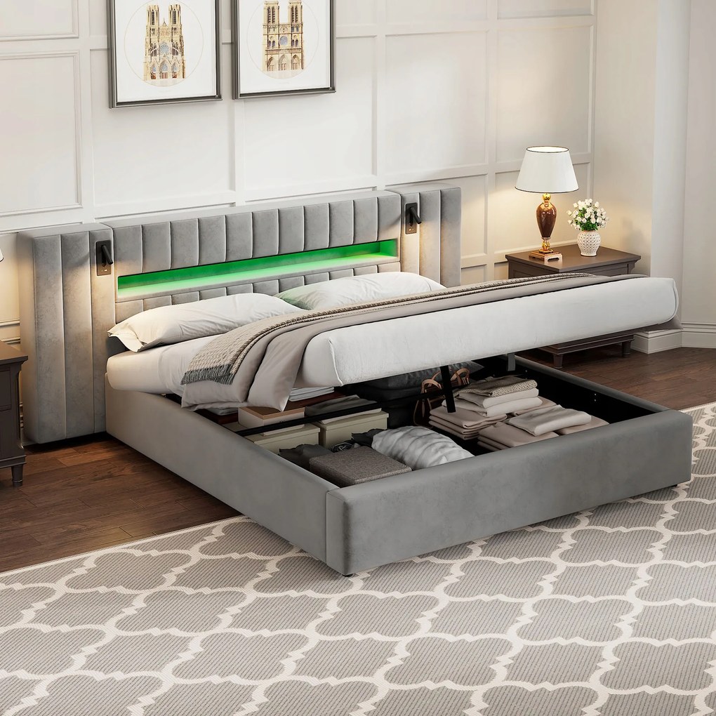 Kárpitozott ágy franciaágy Hidraulikus Usb Led éjszakai lámpa 180X200