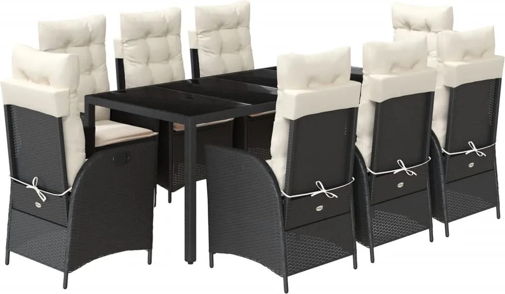 vidaXL 9 részes fekete polyrattan kerti étkezőgarnitúra párnákkal
