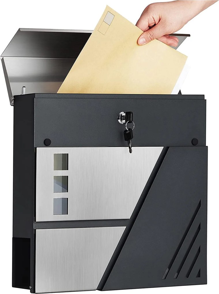 Rozsdamentes postaláda újságtartóval, 37x37x10,5 cm, antracitszürke