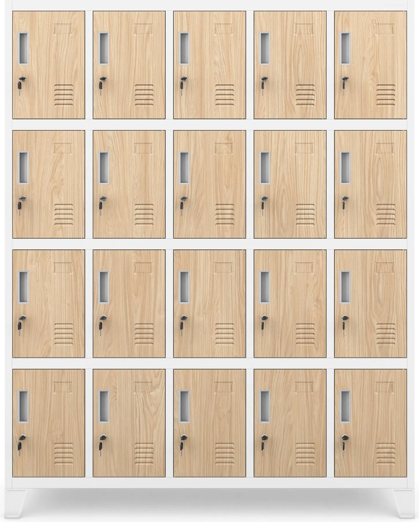 20 rekeszes, lábakon álló szociális szekrény, fehér/sonoma tölgy, 1360x1720x450 mm: ROBERT Eco Design