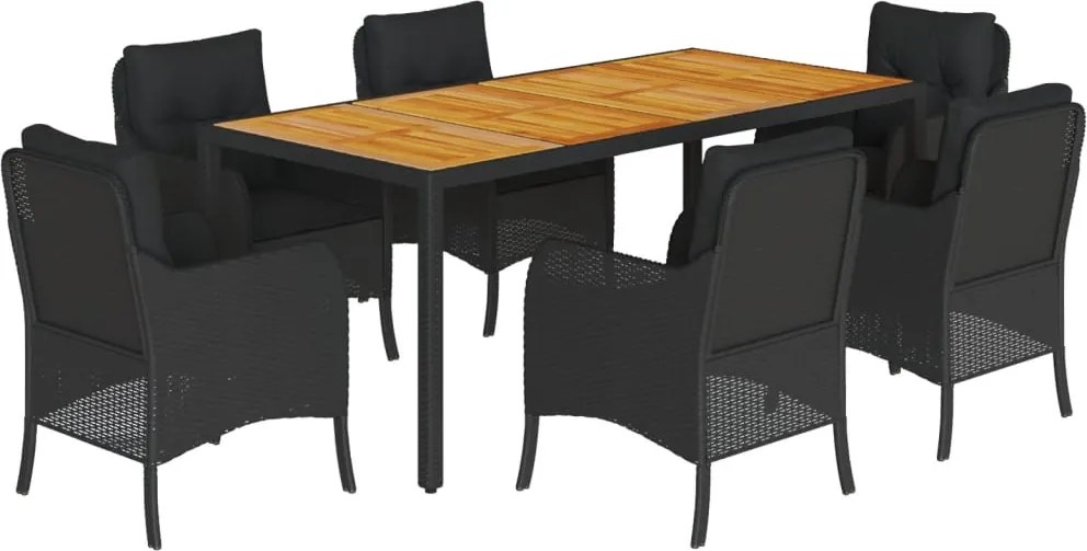 vidaXL 7 részes fekete polyrattan kerti étkezőgarnitúra párnával