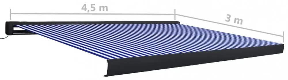 kék és fehér motorizált kazettás napellenző 450 x 300 cm