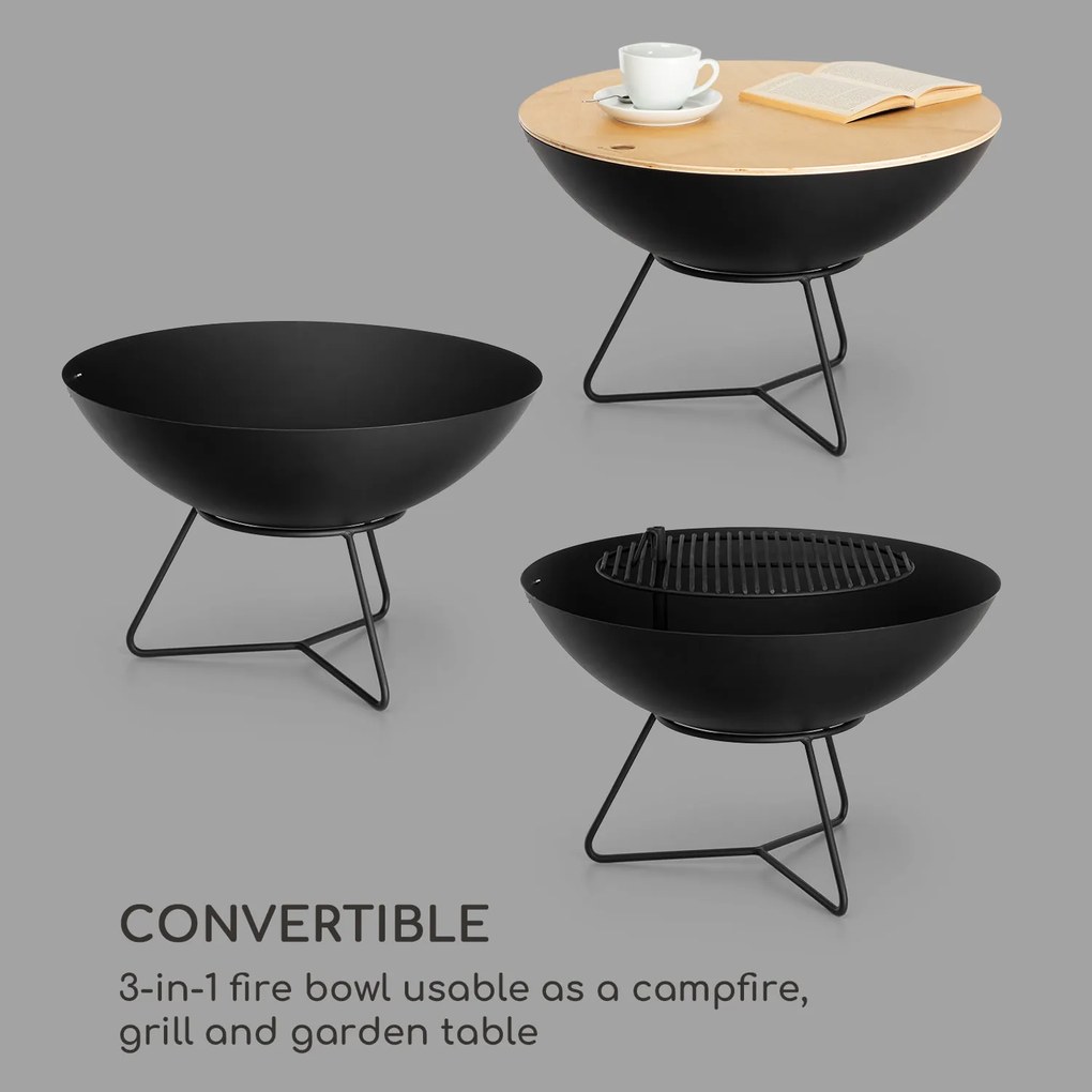 Blumfeldt Orbit, 3 az 1-ben acél tűzrakóhely, Ø 60 cm, 40 cm grill, asztal, fekete