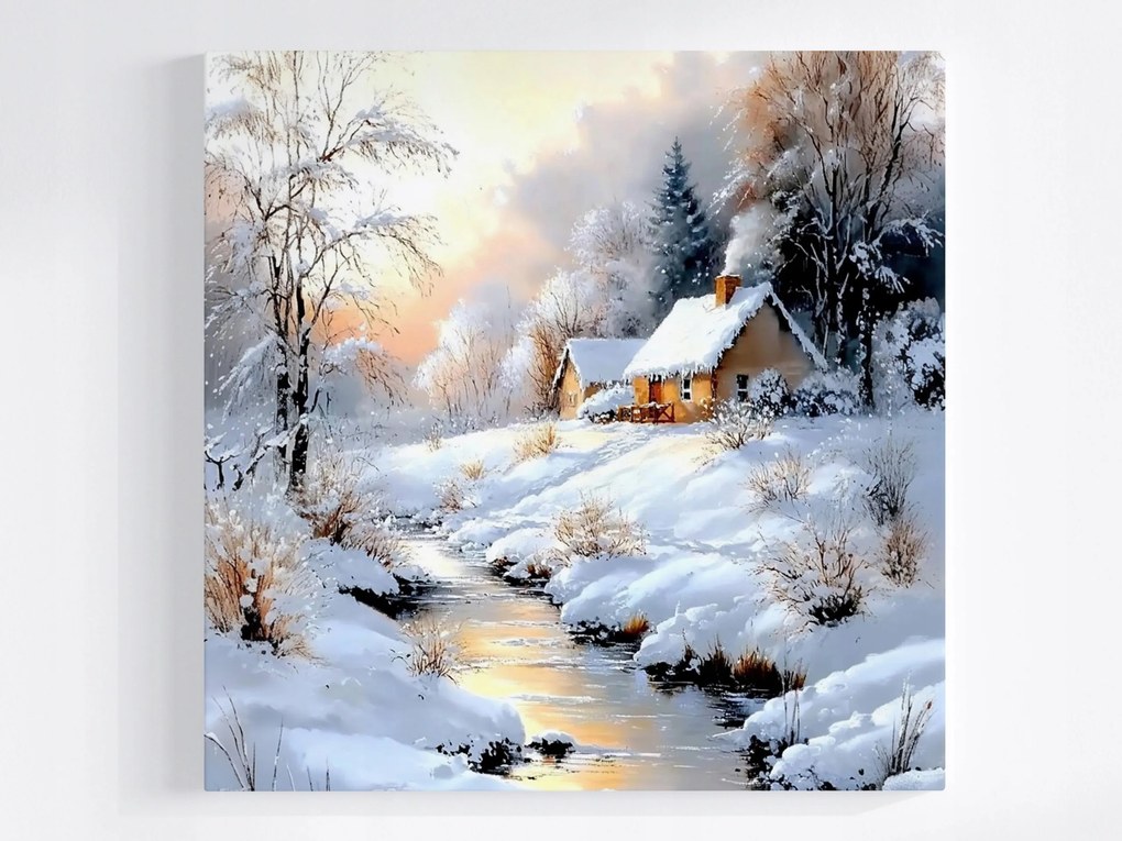 Vászonkép Canvas Tájkép Tél Hó Ház Kunyhó Folyó Patak 40x40