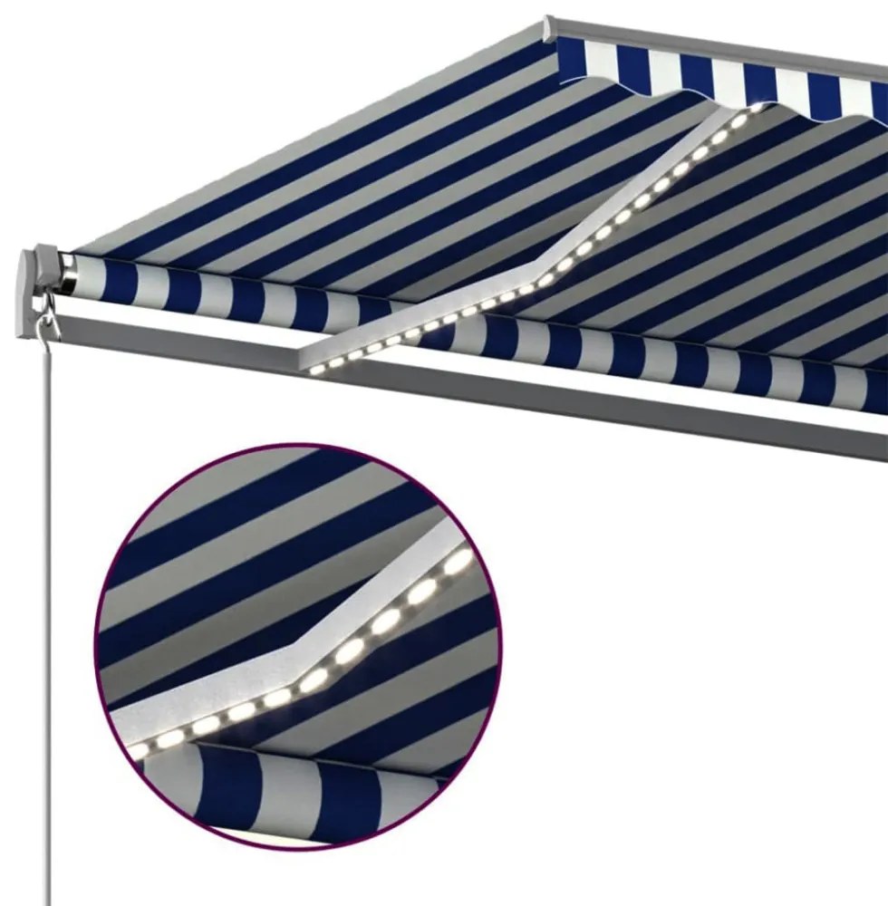 kék/fehér automata szélérzékelős és LED-es napellenző 400x300cm