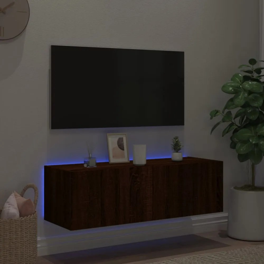 barna tölgy színű fali TV-szekrény LED-ekkel 100 x 35 x 31 cm